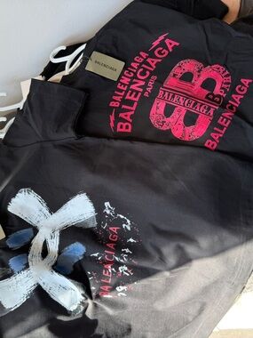 Balenciaga Black Tee with Hot Pink Logo and White Paint Graphic with shorts